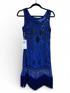 Size S Women's 1920s Royal Blue Sequin Beaded Flapper Gatsby Fringe Dress